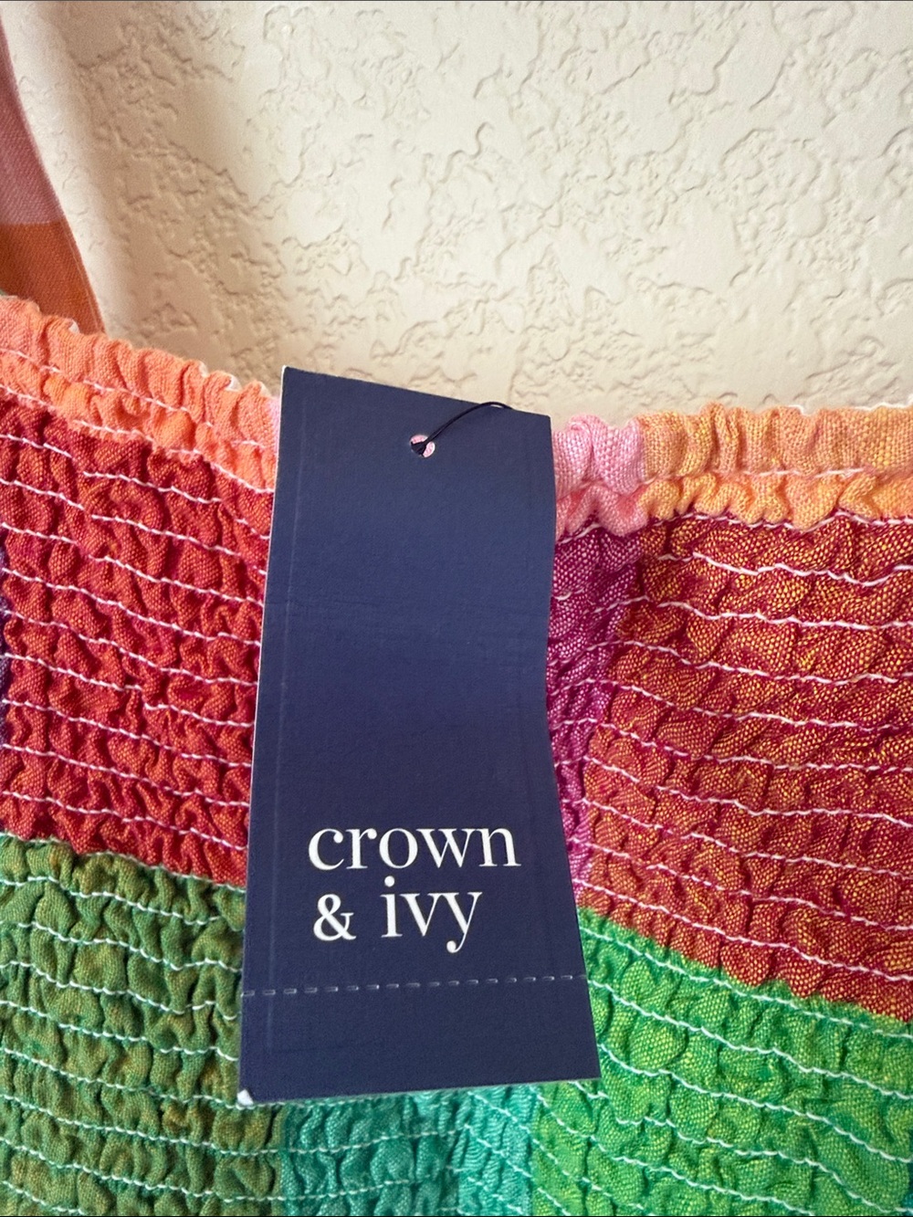 Crown & Ivy Bird Paradise Dress Large NWT Multicolor Smocked Tie Strap Midi - Picture 7 of 7